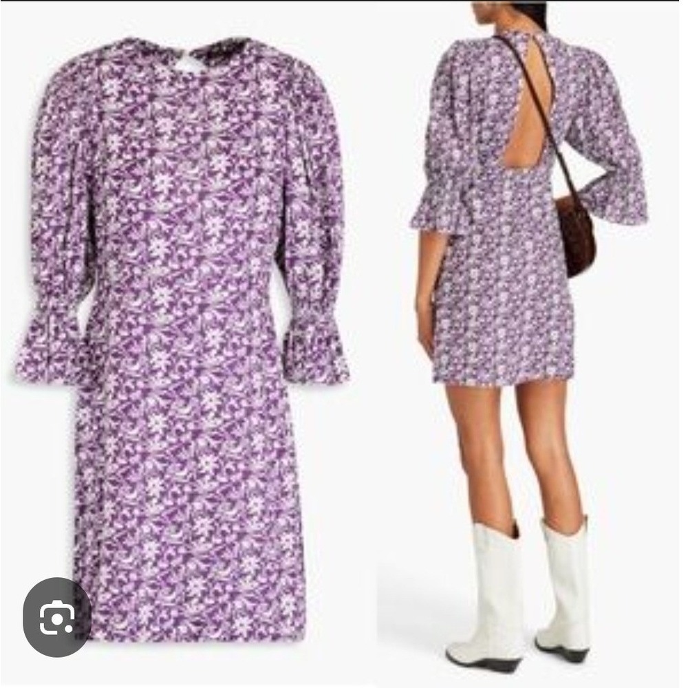 Maje Purple Floral Open Back Puff Sleeve Mini Dress Size 40 US Medium Excellent